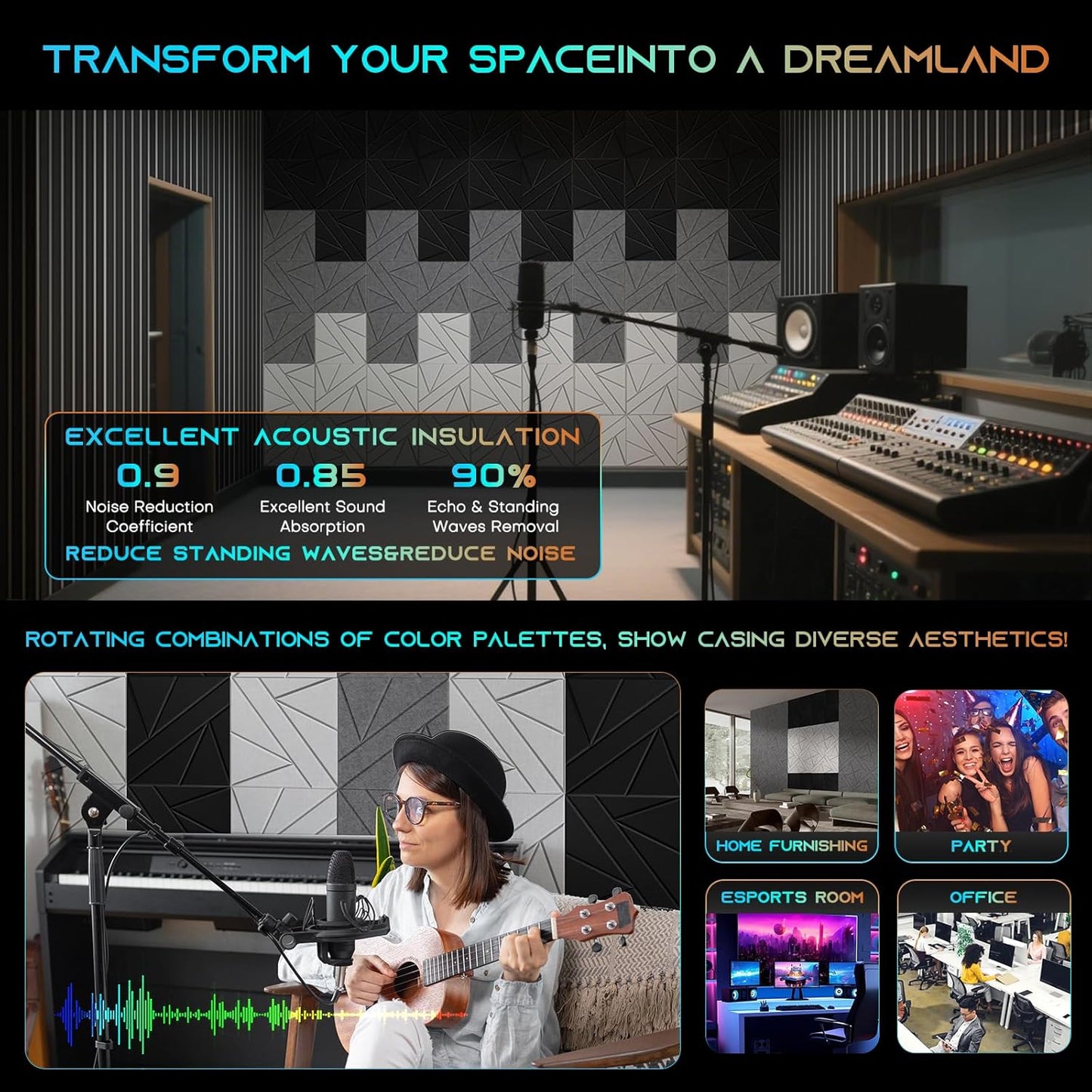 12 Pack Self-Adhesive Soundproof Wall Panels, 12 x 12 x 0.47 In Sound Proof Foam Panels for Walls, 1.2lb/ft³ High Density, Thicker 0.47in, Acoustic Panels, Noise Dampening Panels Studio Black