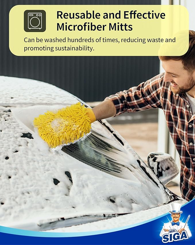 MR.SIGA Premium Microfiber Soft Chenille Car Wash Mitt, Pack of 2, Blue & Yellow