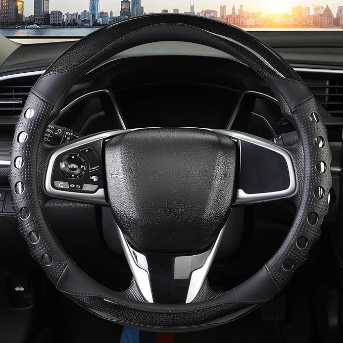 Leather Car Steering Wheel Cover with Anti-Slip Grip, for Women and Men, Universal Fit for 14.5-15 Inch Cars, Trucks, SUVs (Black (Round), Medium(Standard) Size[14 1/2''-15''])