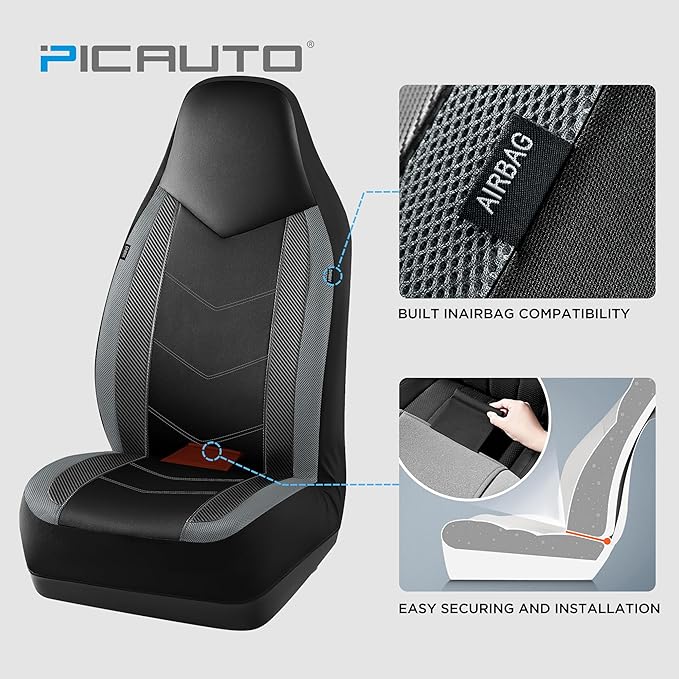 PIC AUTO Leather Car Seat Covers, Sports Carbon Fiber & Mesh Design, High-Back Two Front Set, Waterproof Automotive Seat Covers, Airbag Compatible, Universal Fit for Most Cars (Black & Gray)