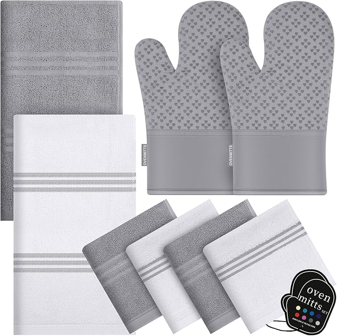 Dish Towels and Dishcloths with Oven Mitts Sets- 100% Cotton Tea Towels for Kitchen- 500 F Heat Resistant Oven Mittens 7.5"x12", Durable Dish Cloths 11.8"x11.8", Absorbent Dish Towels 13.5"x24"