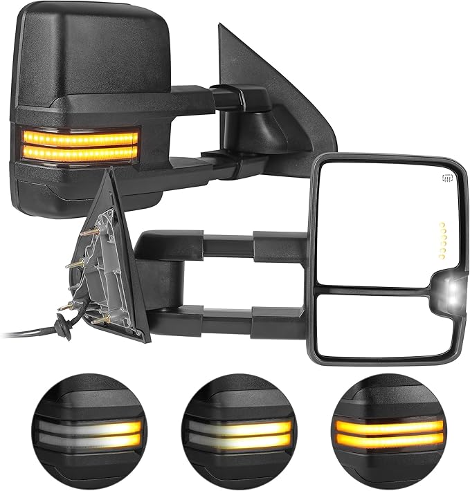 AUTOSAVER88 Towing Mirror Compatible with 2014-2018 Silverado Sierra 1500, 2015-2019 Silverado Sierra 2500 HD 3500 HD, Power Heated Switchback LED Turn Signal (Chrome inside) Manual Telescoping Black