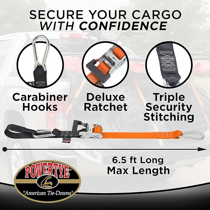 PowerTye 1.5in x 6.5ft Heavy Duty Ratchet Tie-Down Straps with Soft-Tye, Carabiner Hooks - 1,000 lb Working Load Limit / 3,000 lb Breaking Strength - Made in USA - Blue/Black Pair + Storage Bag