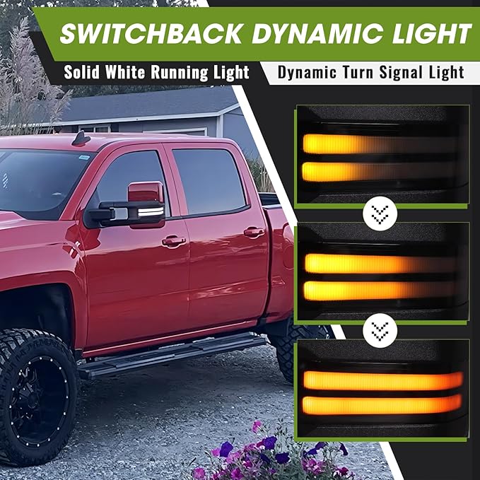 Towing Mirrors for Chevy Silverado/GMC Sierra 1500 (2014-2018), 2500HD/3500HD (2015-2019) Switchback Dynamic Turn Signal/Running Lights Power Heated (Painted Red)