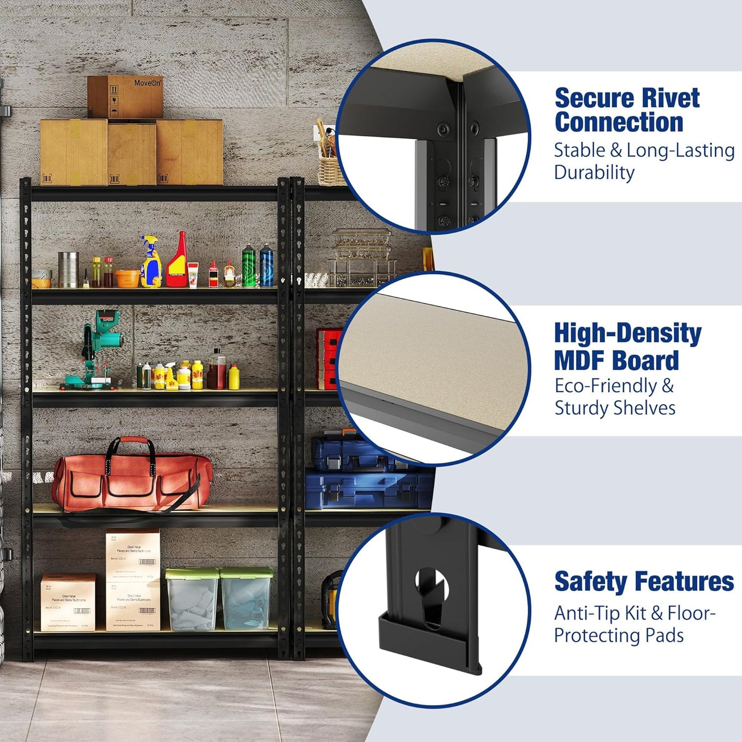 WORKPRO 5-Tier Storage Shelf, 72" H Heavy Duty Adjustable Garage Shelving Unit 2180LBS Capacity, for Basement, Kitchen, Pantry, 27.6”Wx11.8”Dx60”H, Black