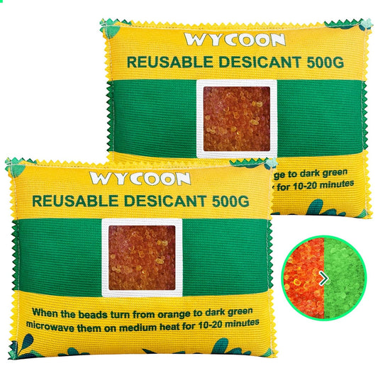 Rechargeable Desiccant Pack 2 x 500g, Moisture Absorber with Transparent Indicator Window, Silica Gel Desiccant Dehumidifier for Closet, Basement, Gun Safe, RV,Garage & Storage