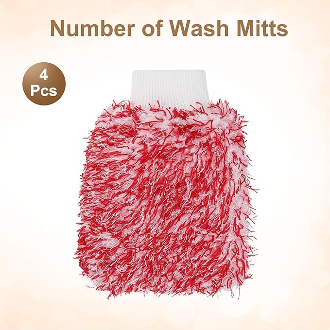 HARFINGTON 4pcs Chenille Microfiber Car Wash Mitts 9.1" x 6.7" Scratch Free Wash Gloves Absorbent Double Sided Plush Cleaning Drying Mitts for Car Washing Home, Red