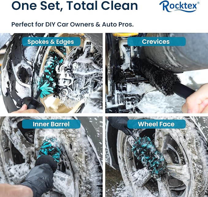 Wheel Brush Set – 3 Sizes Multi-Fiber Blend, Non-Scratch Design for Car & Motorcycle Rims, Spokes, Barrels, Brake Dust, Tight Gaps, Eco-Friendly Clean