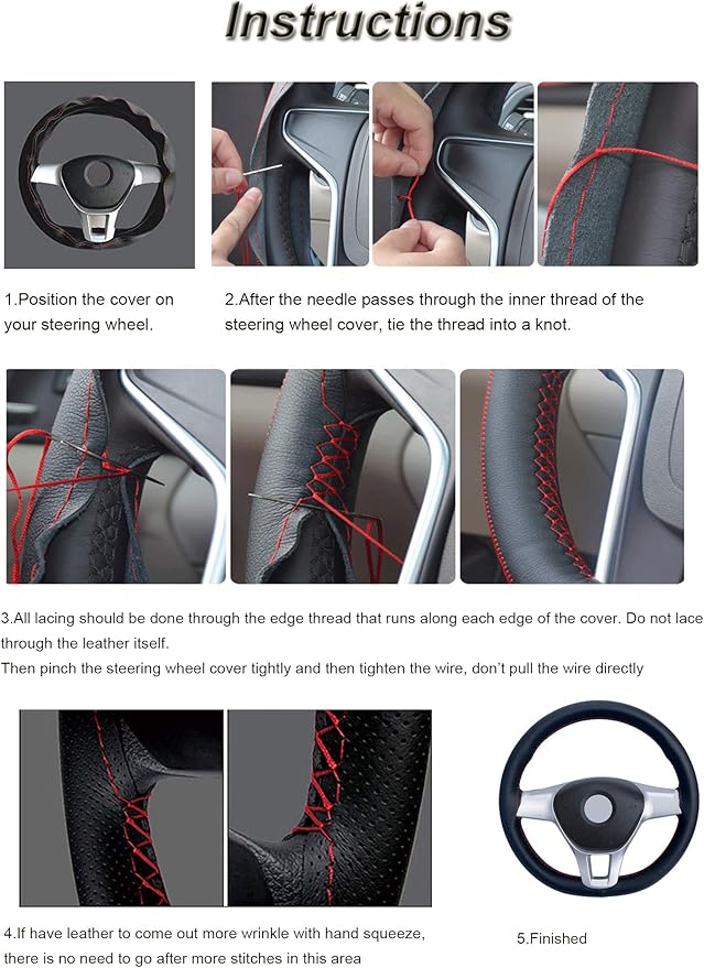 Onerbuy Universal Leather Car Steering Wheel Stitch On Wrap Cover DIY Sewing Breathable and Anti Slip, 15-Inch (Black with Red)