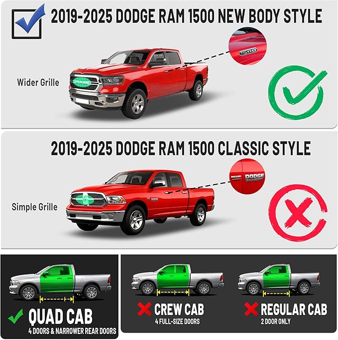 PZ 6.5" Running Boards Compatible with 2019-2025 Dodge Ram 1500 Quad/Extended Cab New Body Style Chrome Black Aluminum Ridge Pattern Side Steps Rails Nerf Bar(for 19-25 Ram 1500 New Body Style)