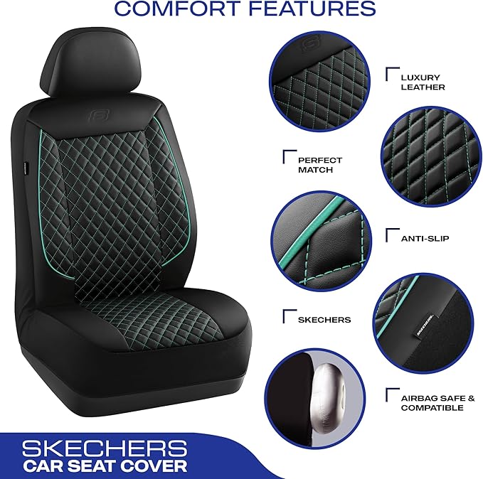 Skechers Car Seat Covers,Piping Luxury Faux Seat Covers,Waterproof Anti Slip Car Seat Protector Front Seats,Car Accessories Airbag Universal Fit for Most Cars,Vans,Trucks,SUV,Mint