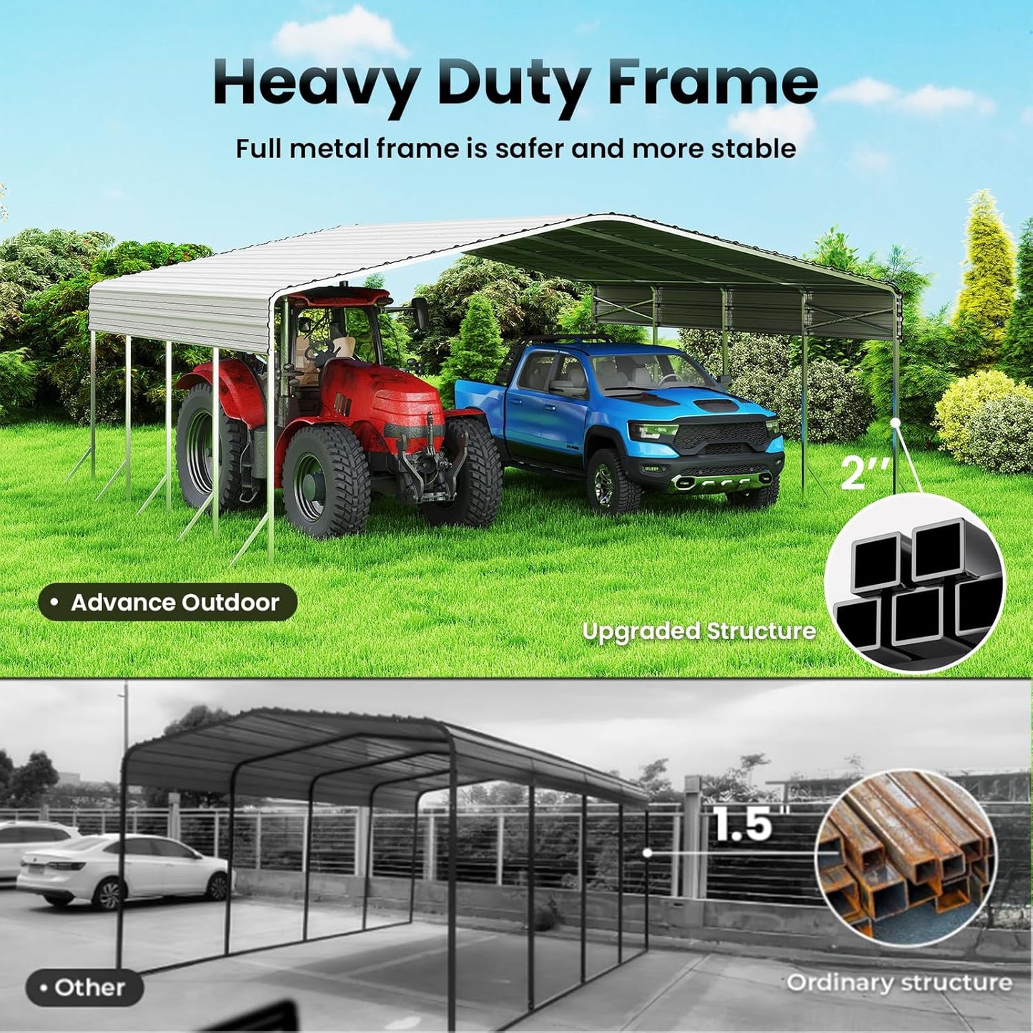 Heavy Duty Metal Carport – Sturdy Structure, All-Weather Protection, Easy Assembly for Cars, Trucks, Boats, Tractors, and Outdoor Storage (White, 20X20 FT)