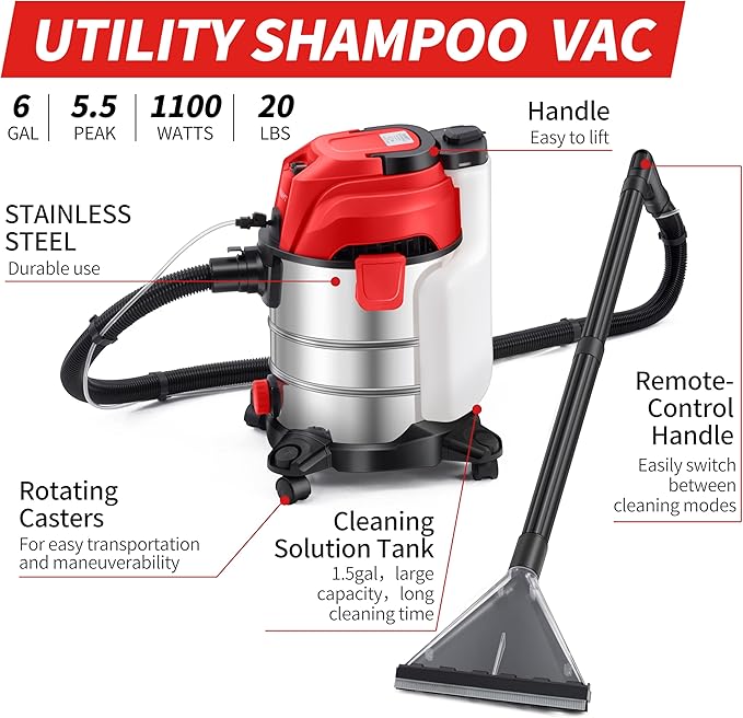 Shop Vacuum Wet and Dry, 6 Gallon, 5.5 Peak HP Power Suction, 3 in 1 Stainless Steel Shop Vac with 4.5L Upholstery Shampoo Tank, Water Vacuum Cleaner Carpet Extractor (Red)