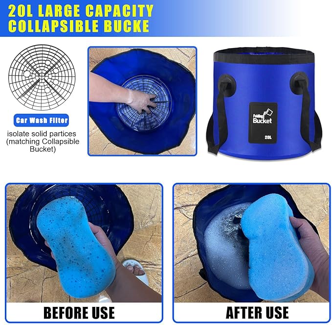 21Pcs Car Wash Kit,62" Car Wash Brush Mop with Long Handle,Car Cleaning Kit,Car Detailing Brush Set,Car Wash Bucket with Filter,Windshield Window Squeegee for Cars RV Truck Boat (Blue)