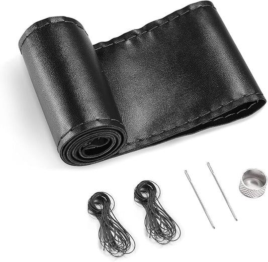 SEG Direct Genuine Leather Steering Wheel Cover, Stitch On Wrap, 15 Inch Steering Wheel Wrap for Car Truck SUV Pickup Boat, DIY Sewing with Needle Thread, Black