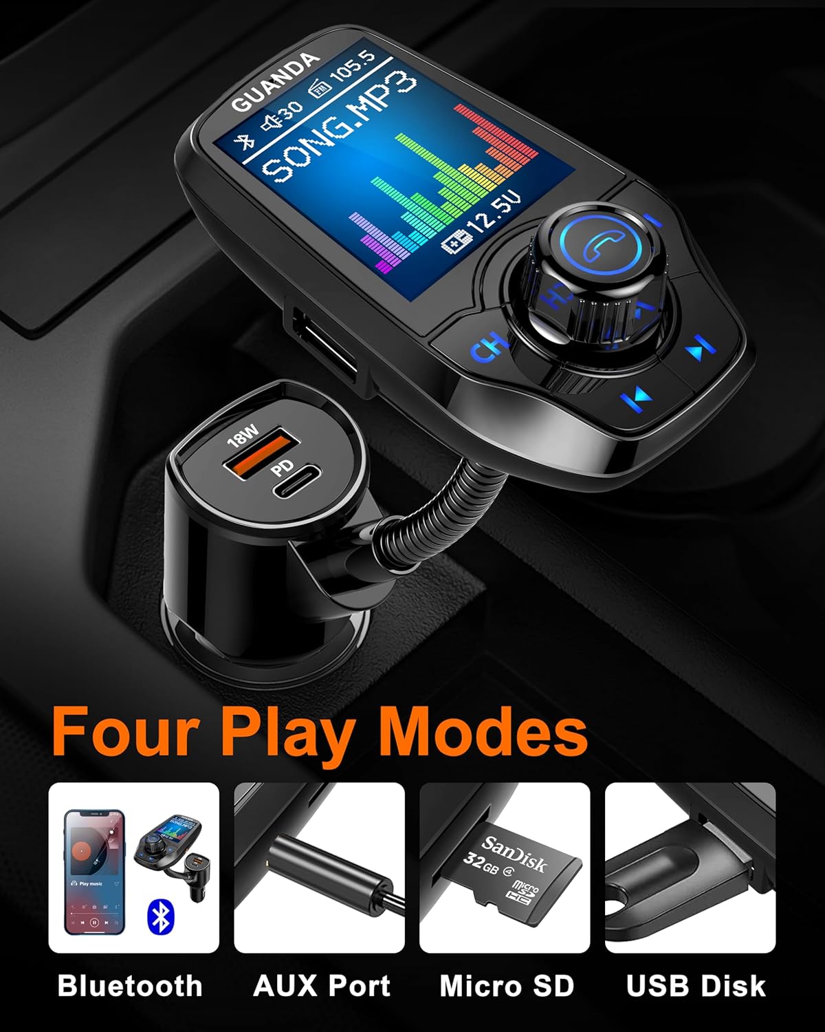 Upgraded Bluetooth FM Transmitter for Car, Wireless Radio Adapter Kit W 1.8" Color Display Hands-Free Call AUX in/Out SD/TF Card USB Charger PD 20W for All Smartphones Audio Players - Black