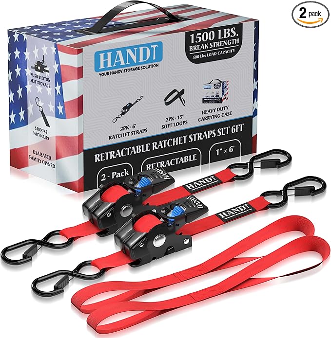 HandT USA Based Retractable Ratchet Straps (2PK) 1in x 6ft - 1,500lb Break Strength, Heavy Duty Automatic Ratchet Straps Self Retractable Tie Down, Push Button Retracting Truck Trailer Cargo | Red