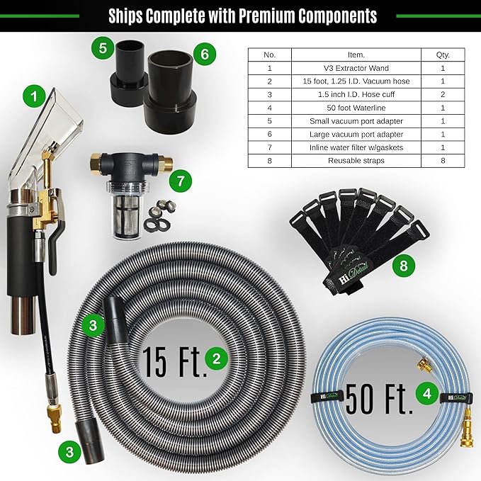Hi Detail Shop Vac Extractor Kit with Wand and Hose, Adapter Converts Vacuum to carpet & upholstery Extractor for auto detailing & home (50 Ft Waterline, 15 Ft Vac Hose)