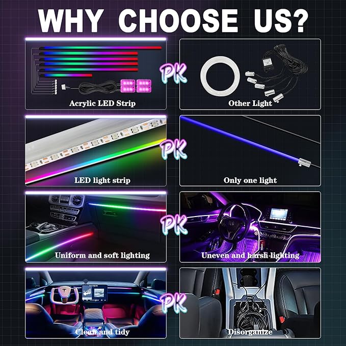 Dreamcolor Acrylic Interior Car Light 10 in 1 Automotive Ambient Light Kits with APP Control 16 Million Color 175 inches Fiber Optic Car LED Strip Light, RGB Music Sync Sound Activated Neon Car Light
