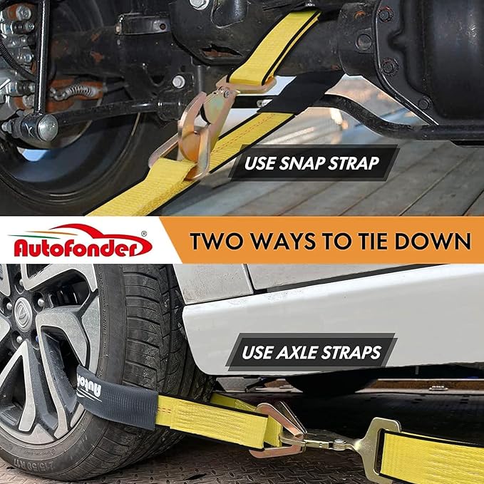 Heavy Duty Adjustable Car Tie Down Kit with Snap Hooks -Break Strength 10,000 lbs-Working Load 3333 lbs-2 Inch x 114 Inch - 4 Pack Axle Tie Down Straps (Yellow)