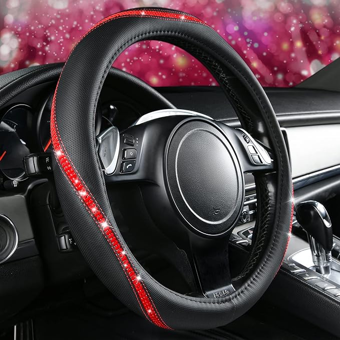 CAR PASS Bling Diamond Black Leather Steering Wheel Cover, Studded Crystal Rhinestones Universal Fit 14" 1/2-15" Glitter for Women Sparkle Girl Fit Suvs,Vans,Sedans,Car,Trucks, Red Diamond