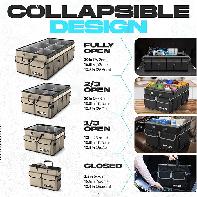 FORTEM Car Trunk Organizer, Collapsible Multi Compartment SUV Organizer, Foldable Storage for Car Accessories for Women Men, 600D Oxford, Non Slip Bottom, Securing Straps, Soft Cover (85L)