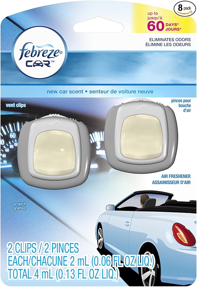 Febreze Air Freshener, Car Vent Clip Air Freshener, New Car Air Freshener, 2-Count (Pack of 8)
