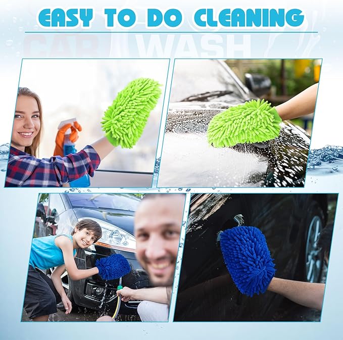 Toulite 16 Pcs Car Wash Mitt Chenille Microfiber Wash Mitt Double Sided Glove Cleaning Drying Mitts(7.48 x 10.24 Inch,Royal Blue, Green)