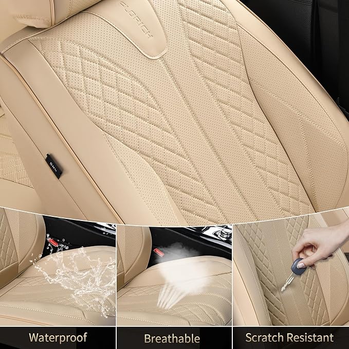 FLORICH Front Seat Covers, Leather Car Seat Covers Luxury Automotive Seat Covers Waterproof Car Seat Protectors Universal Fit for Most Cars SUV Trucks Vehicles, Beige