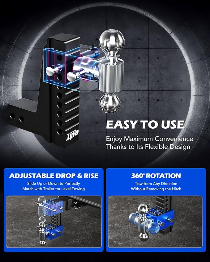 Orion Motor Tech Adjustable Trailer Hitch, Heavy Duty 2.5 inch Receiver Hitch, 8" Drop Hitch with 2" & 2-5/16" Balls, 360° Dual-Ball Mount with 18500lb Towing Capacity for Class IV & V Vehicles