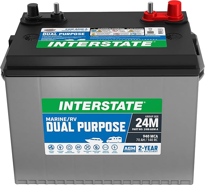 Interstate Batteries Marine/RV Battery 12V 70Ah 750CCA (24M-AGM) Dual Purpose Power Pure Lead AGM RV & Marine Starting Replacement Battery (Group Size 24) Boats, RV's