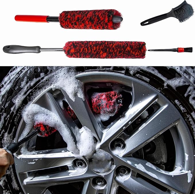 Metal Free Soft Wheel Rim Brush 4 Pack, Synthetic Car Cleaning Brush, Highly Water Absorption, Dense and Durable Tire Brush for Cleaning Wheels, Rims, Spokes, Fenders, Engines…