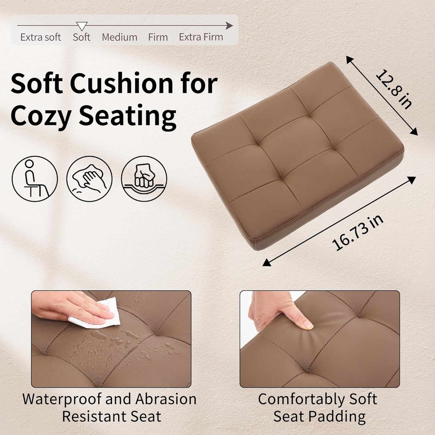 Vanity Stool with Wheels (Adjustable Height 17-21 inch) (300lbs Capacity) Faux Leather Nail Tattoo Vanity Massage Stool (Coffee Brown)