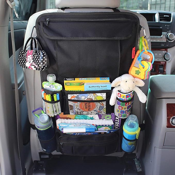 Lusso Gear Backseat Car Organizer- Kick Mat Protects Against Kids Feet - 12 Large Storage Pockets - iPad,Tablet, Water Bottle Holder- Durable, Heavy Duty Road Trip Essential (Black)