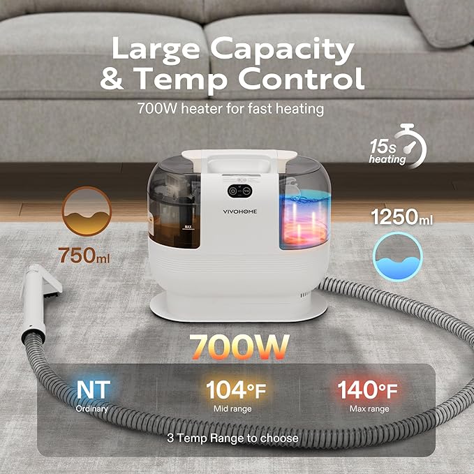 VIVOHOME Portable Multipurpose Carpet Cleaner Machine, 15s Fast Heating Spot Cleaner for Upholstery, 4 Detachable Brush Heads for Pets, Couch, Car Seats, Self-Cleaning, 14Kpa Strong Suction