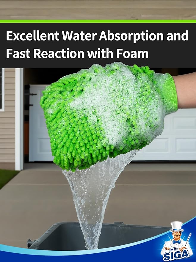 MR.SIGA Premium Microfiber Soft Chenille Car Wash Mitt, Pack of 2, Gray & Green