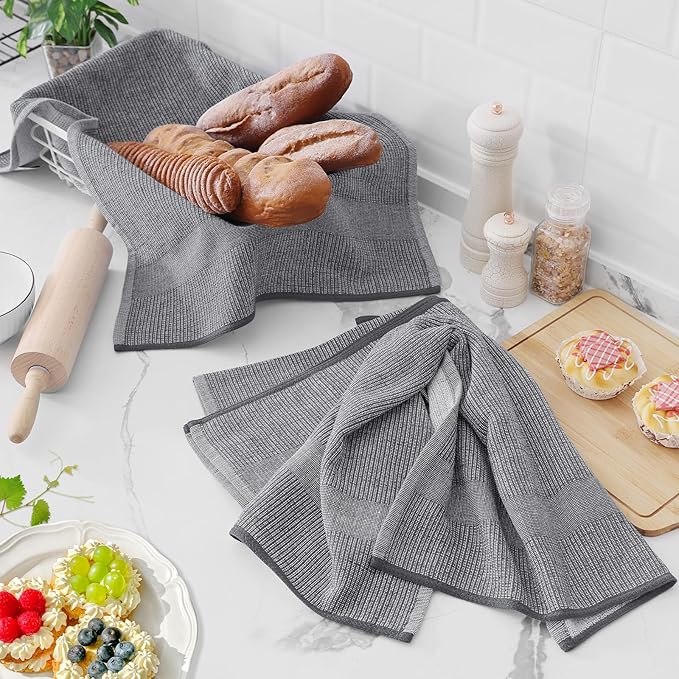 Homaxy Premium Kitchen Towels(18”x 28”, 6 Pack), Large Cotton Kitchen Hand Towels, Flat and Terry Dish Towels, 380 GSM Highly Absorbent Tea Towel Set with Hanging Loop, Grey