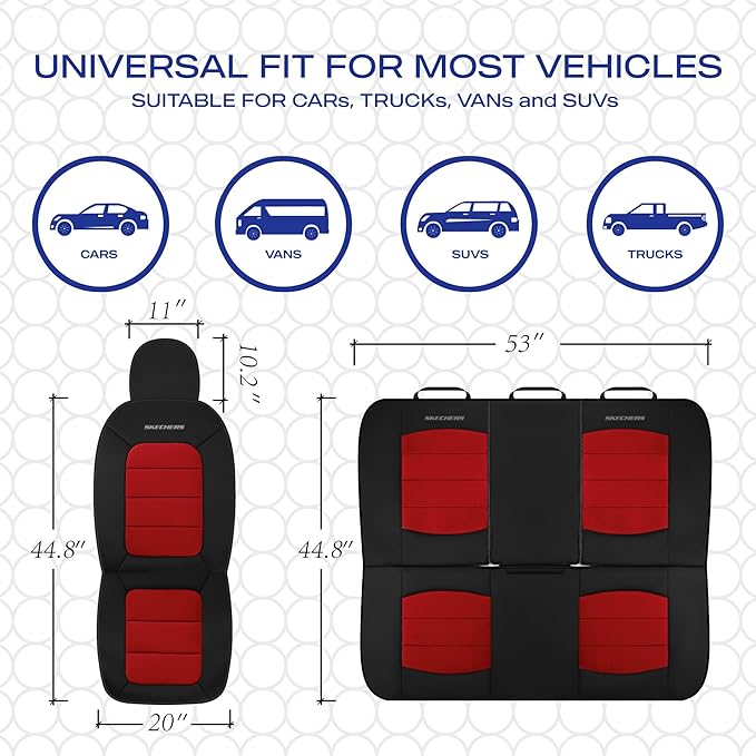 Skechers Memory Foam Seat Covers,Thick Cool Touch Fabric Car Seat Covers,Car Seat Cover Full Set,Airbag Compatible,Automotive Comfort Protection for Most Cars,Vans,Trucks,SUV,Red