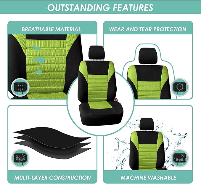 FH Group Automotive Car Seat Covers Full Set Premium 3D Air Mesh Front Seat Covers, Airbag Compatible & Split Bench Cover Universal Fit Interior Accessories for Cars Trucks and SUVs - Green