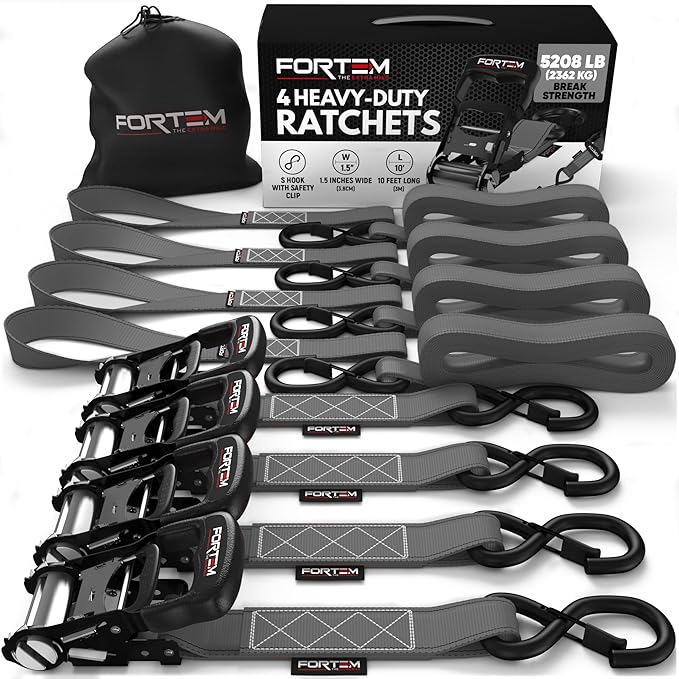 FORTEM Ratchet Tie Down Straps, 5208lb Break Strength, 4 Pack 10ft x 1.5in Heavy Duty Straps, 4 Soft Loops, Cam Buckles for Motorcycles, Safety Lock S Hooks, Carry Bag