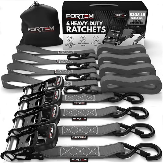 FORTEM Ratchet Tie Down Straps, 5208lb Break Strength, 4 Pack 10ft x 1.5in Heavy Duty Straps, 4 Soft Loops, Cam Buckles for Motorcycles, Safety Lock S Hooks, Carry Bag