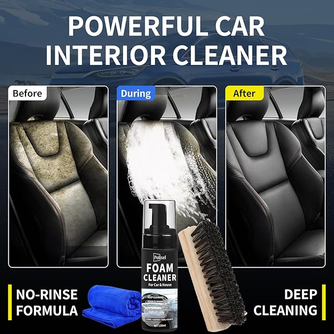 Car Interior Foam Cleaner - Powerful Waterless Carpet Upholstery & Seat Stain Remover for Leather, Fabric, Vinyl - Auto Detailing Spray with Brush Safe for All Cars - 5oz / 150ml
