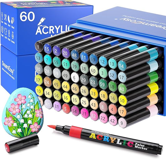 60 Colors Acrylic Markers Set,Brush Tip Acrylic Paint Pens for Painting on Rocks, Canvas, Ceramic, Wood, Glass - Perfect for Artists, Kids and Adults - DIY Crafts, Holiday Decorations & Art Supplies