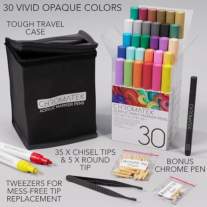 CHROMATEK Dual Tip Acrylic Paint Markers - 30 Colors Premium Paint Pens for Canvas, Rock Painting, Glass, Wood, Ceramic, DIY Crafts Art Supplies - Waterproof, Quick Drying with Video Tutorials & Ebook