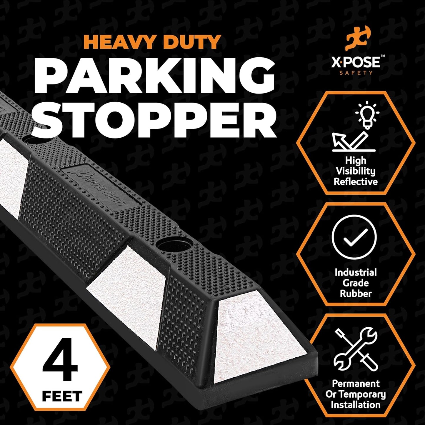 Xpose Safety 48" Heavy Duty Rubber Parking Stopper – Bulk Half Pallet 24 Pack Wheel Blocks for Garage, Driveway, or Ramp – Car Bumper Stop with White Reflective Strips – Removable Floor Mount