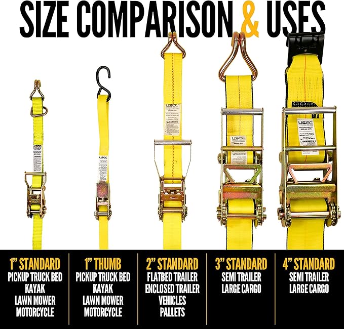 US Cargo Control Stainless Steel Ratchet Strap Tie Down, 1 Inch Wide X 10 Foot Long, Black Tie Down, Stainless Steel Thumb Ratchet, S Hooks, 4 Pack