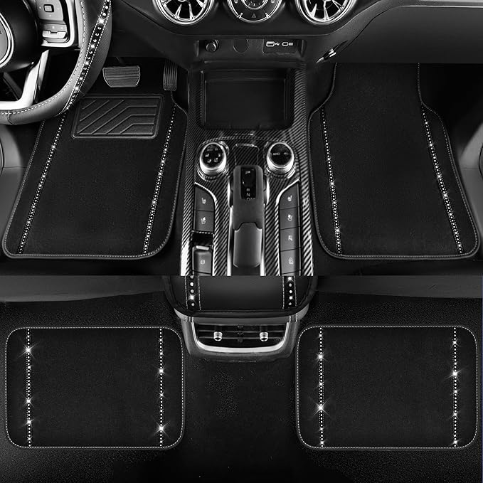 CAR PASS 14 PCS Bling Diamond Car Accessories Set for Women, Leather Seat Covers Front Seats Sparkly Rhinestone 15'' Steering Wheel Covers Shining Diamond Car Floor Mats Cute Interior Sets, Silver