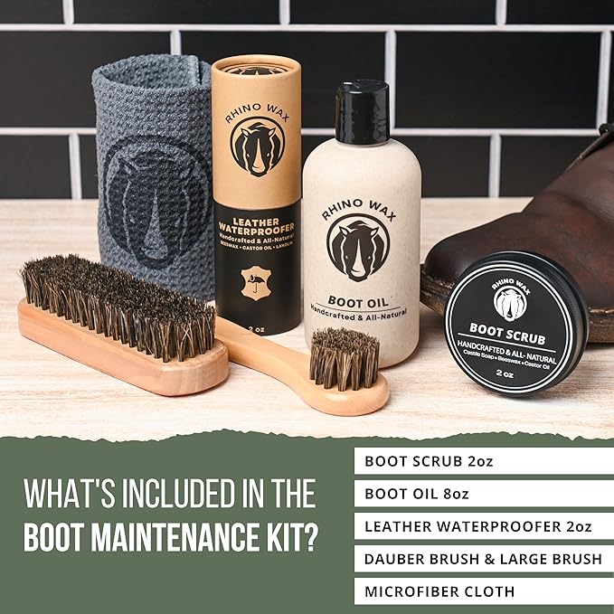 Leather Boot Care Kit - Made in USA (Not China) - Boot Oil, Waterproofer, Cleaning Scrub for Boots (Like Saddle Soap), Brushes and Cloth - Do NOT use Mink Oil (Love animals) - All Natural Ingredients