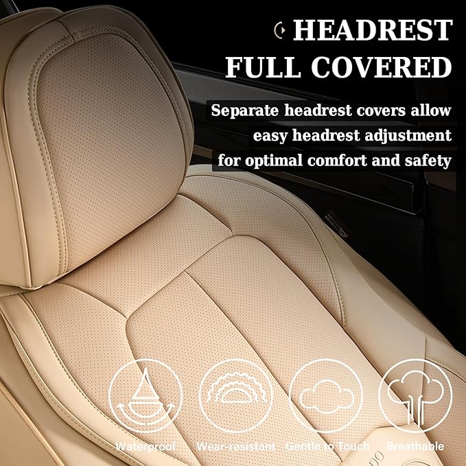 Coverado Car Seat Covers Full Set, Premium Nappa Leather Seat Covers for Car, Waterproof Car Seat Protector with Lumbar Support, Automotive Seat Covers Universal Fit for Most Cars SUV Truck(Beige)