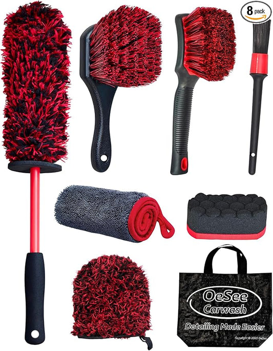 8PCS Wheel Cleaning Kit with Microfiber Brush & Rubber Grip Tire Brush, Twist Loop Drying Towel, Detailing Brush, Applicator for Car Rim and Tire Care